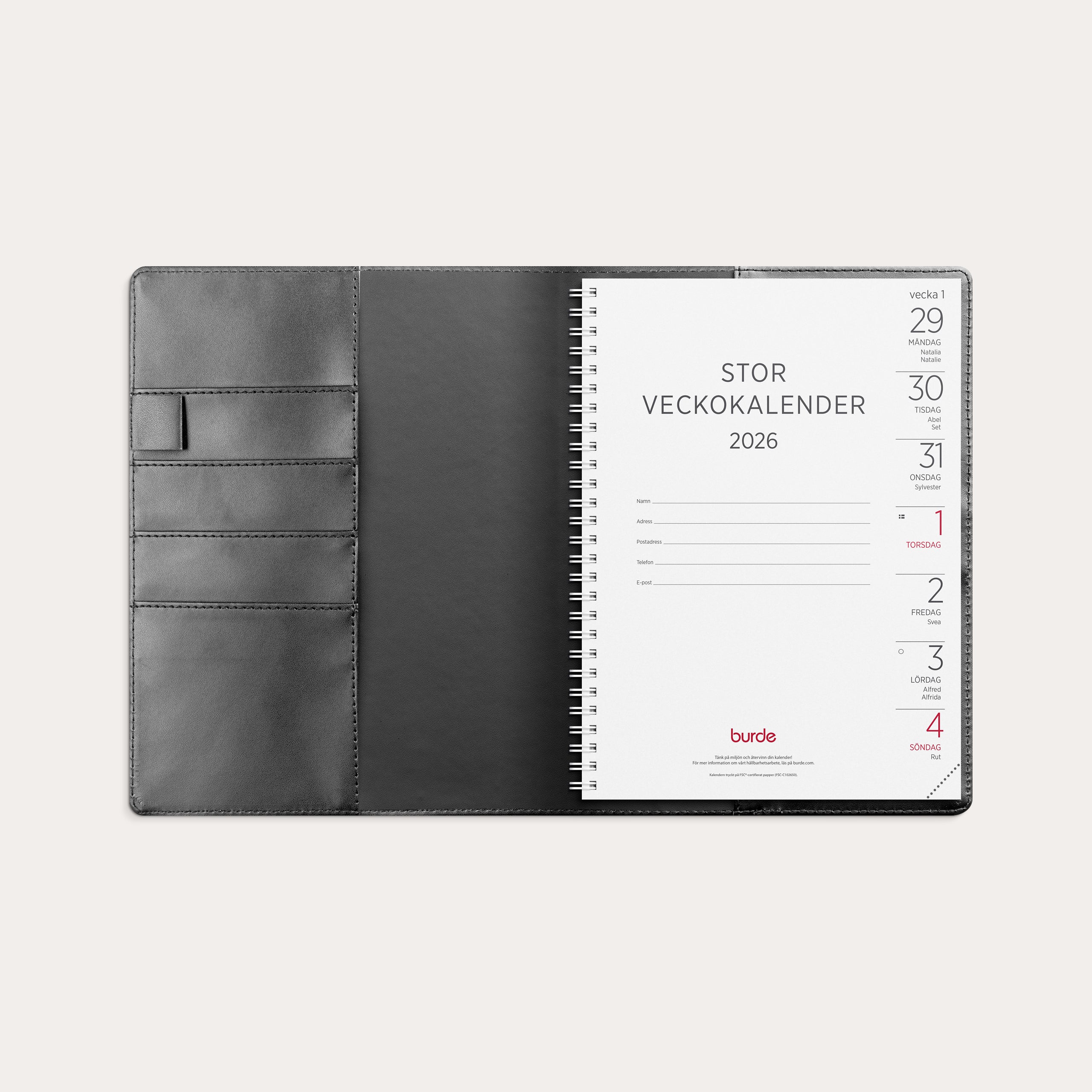 Stor Veckokalender 2026 svart konstläder