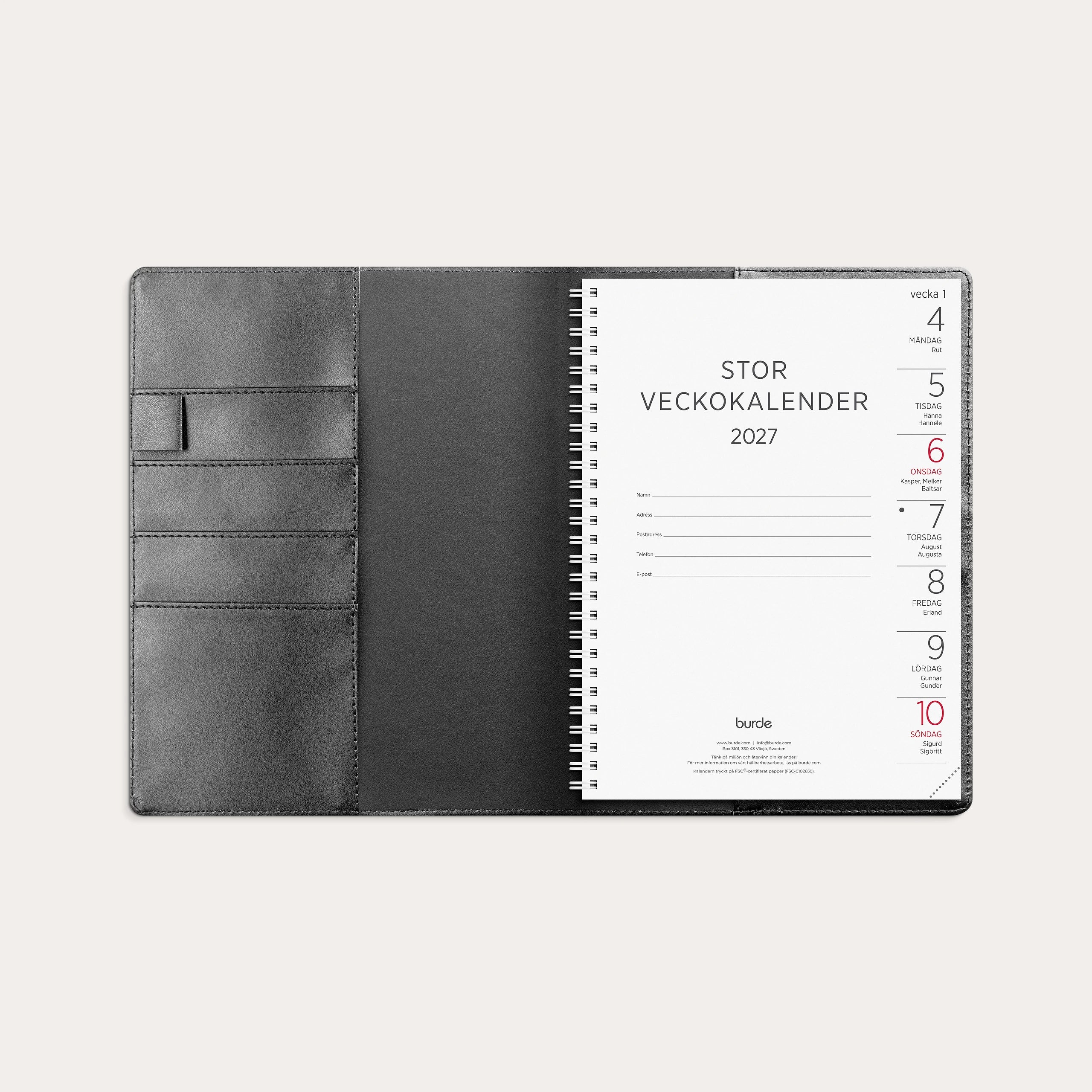 Stor Veckokalender 2027 svart konstläder