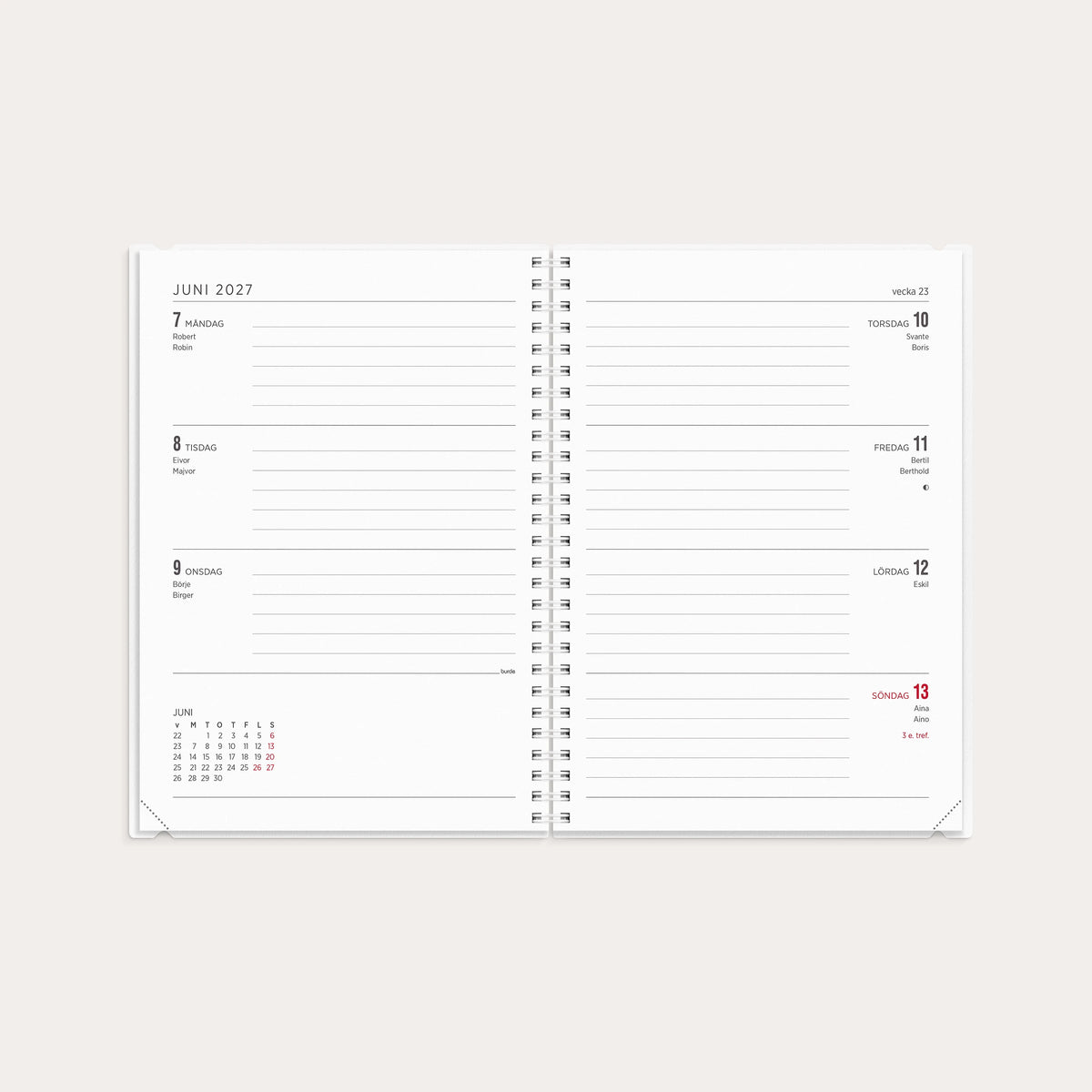 Veckouppslag i Senator med måndag till söndag, namnsdagar och minikalender