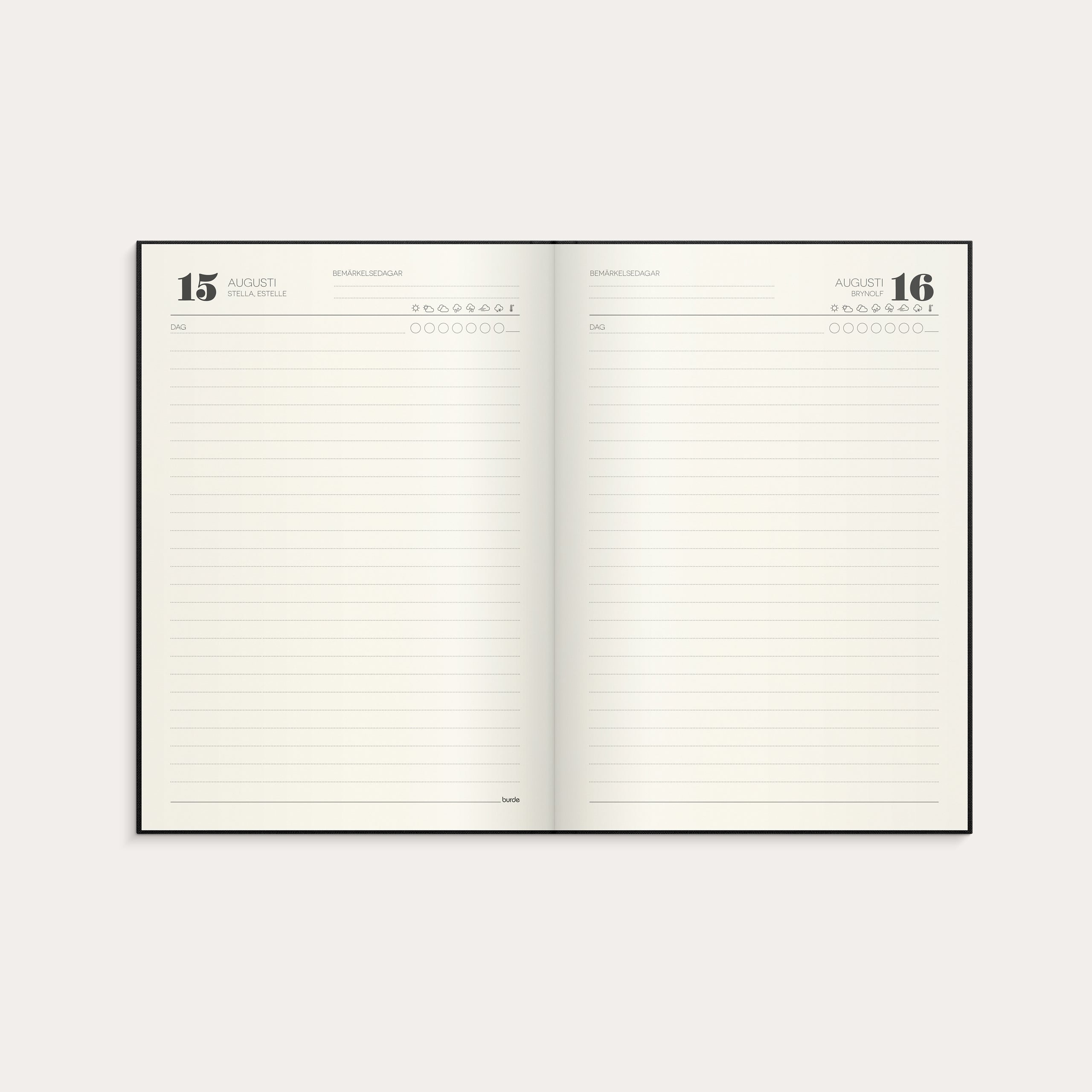 1-årsdagbok svart linnetextil