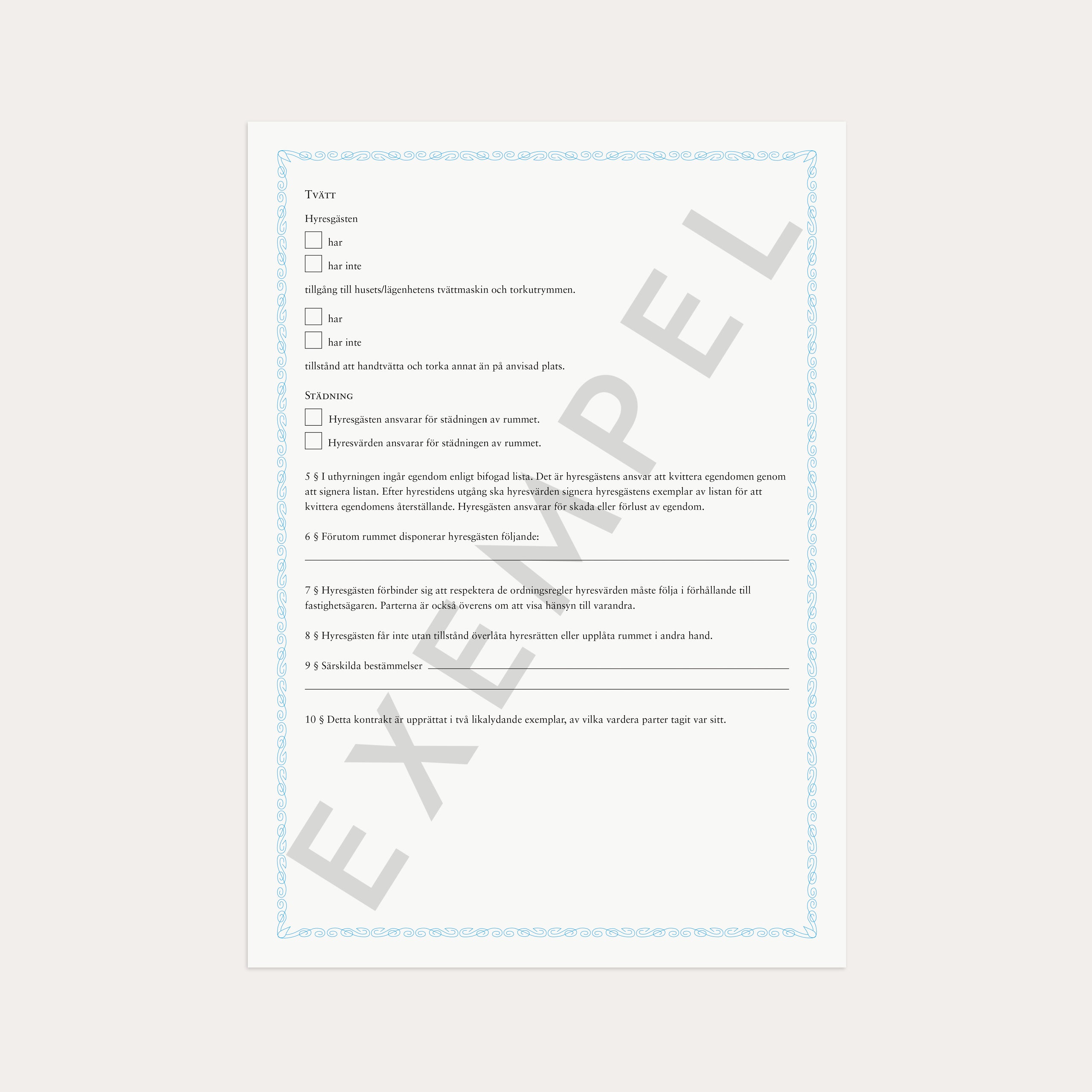 Hyreskontrakt möblerat rum 2 st