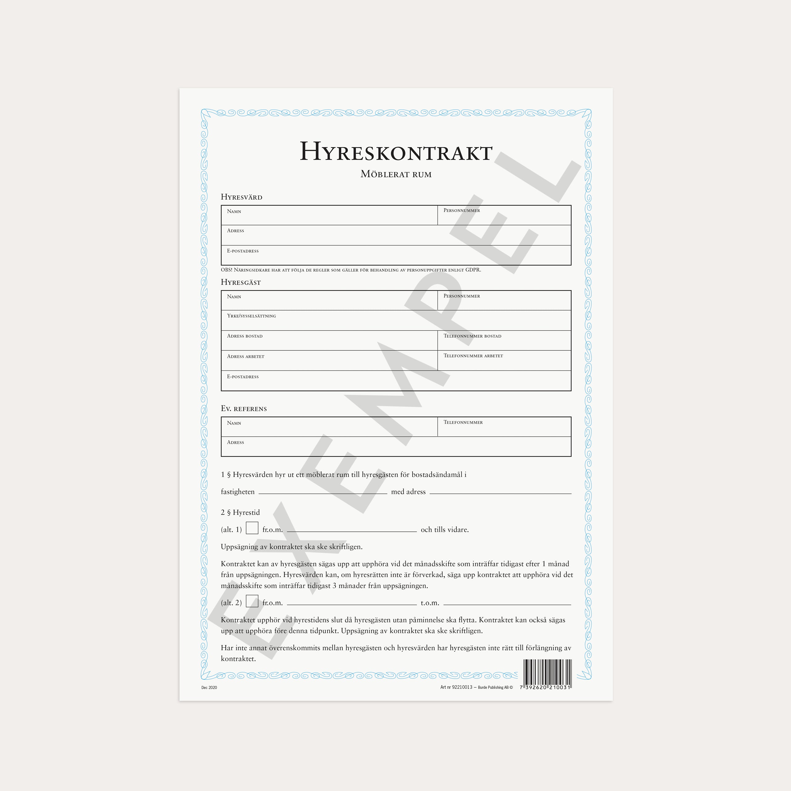 Hyreskontrakt möblerat rum 2 st