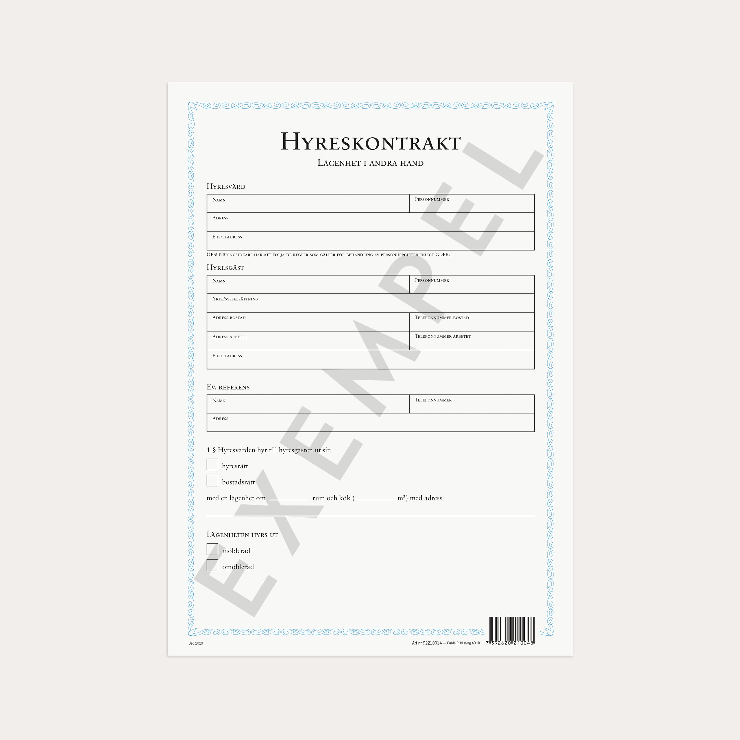 Hyreskontrakt lgh i 2:a hand + borgensförb 2 st