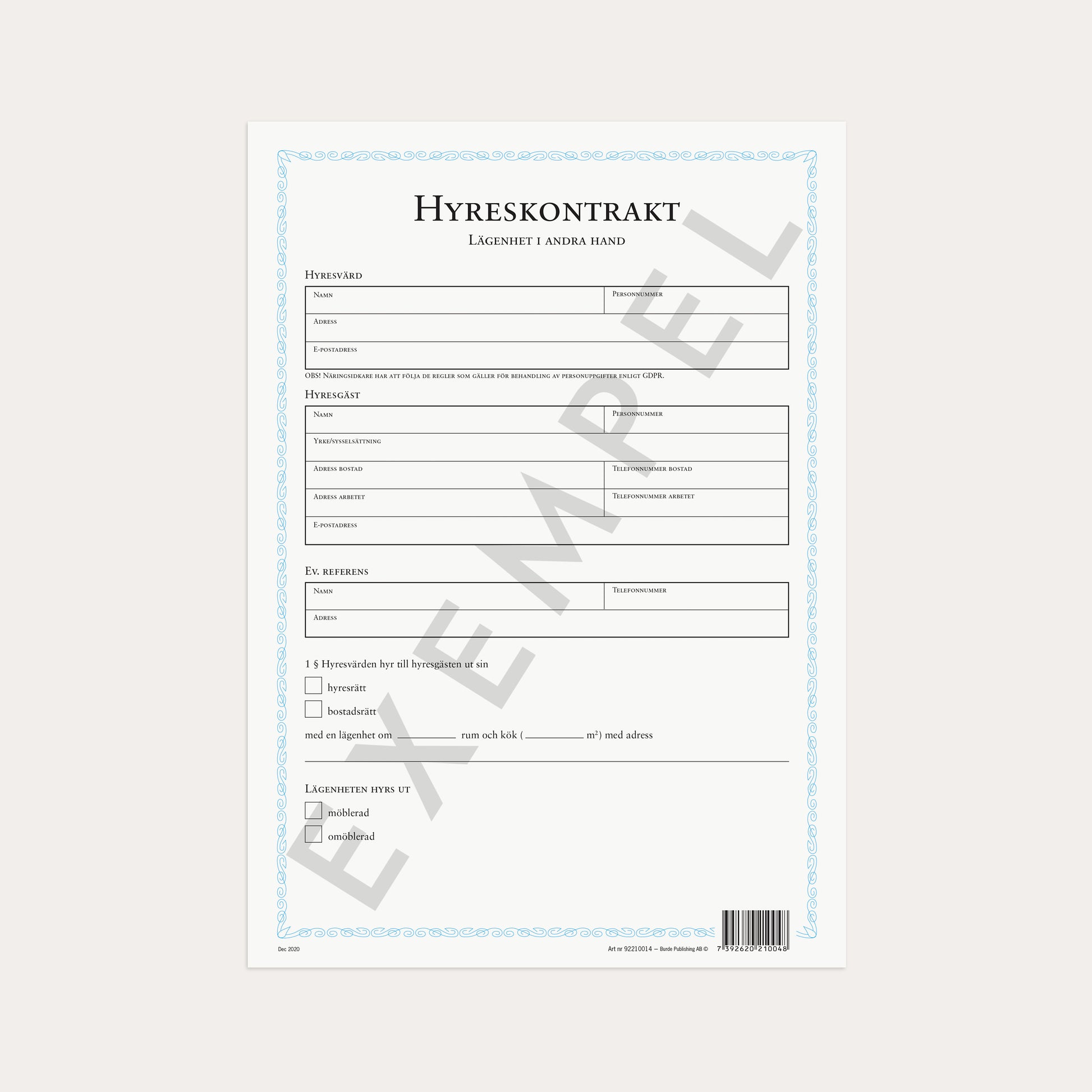 Hyreskontrakt lgh i 2:a hand + borgensförb 2 st