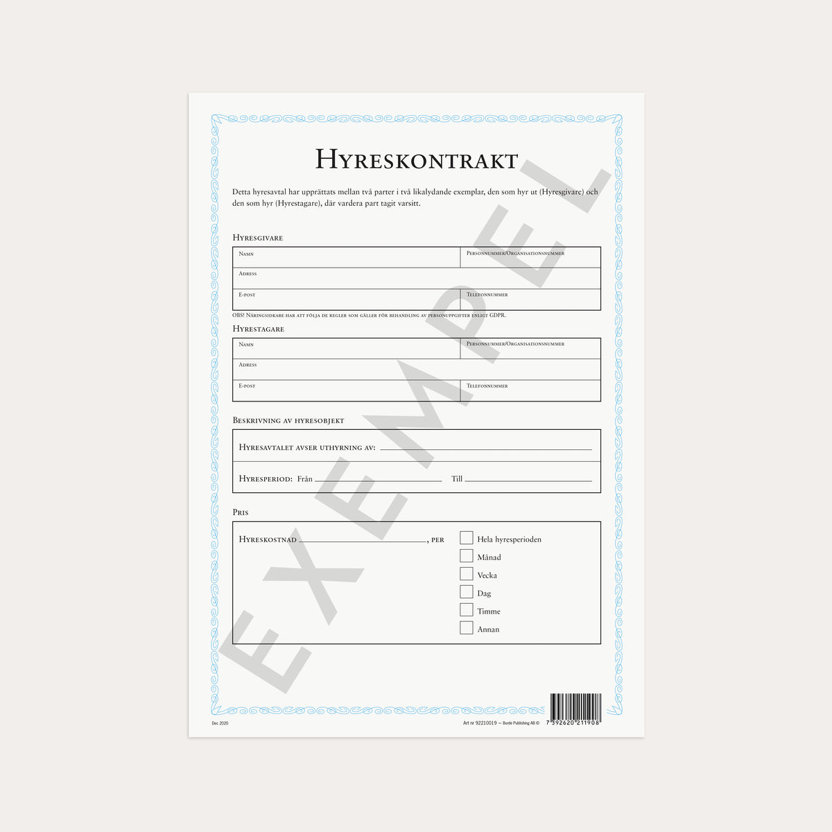 Hyreskontrakt neutralt 2 st