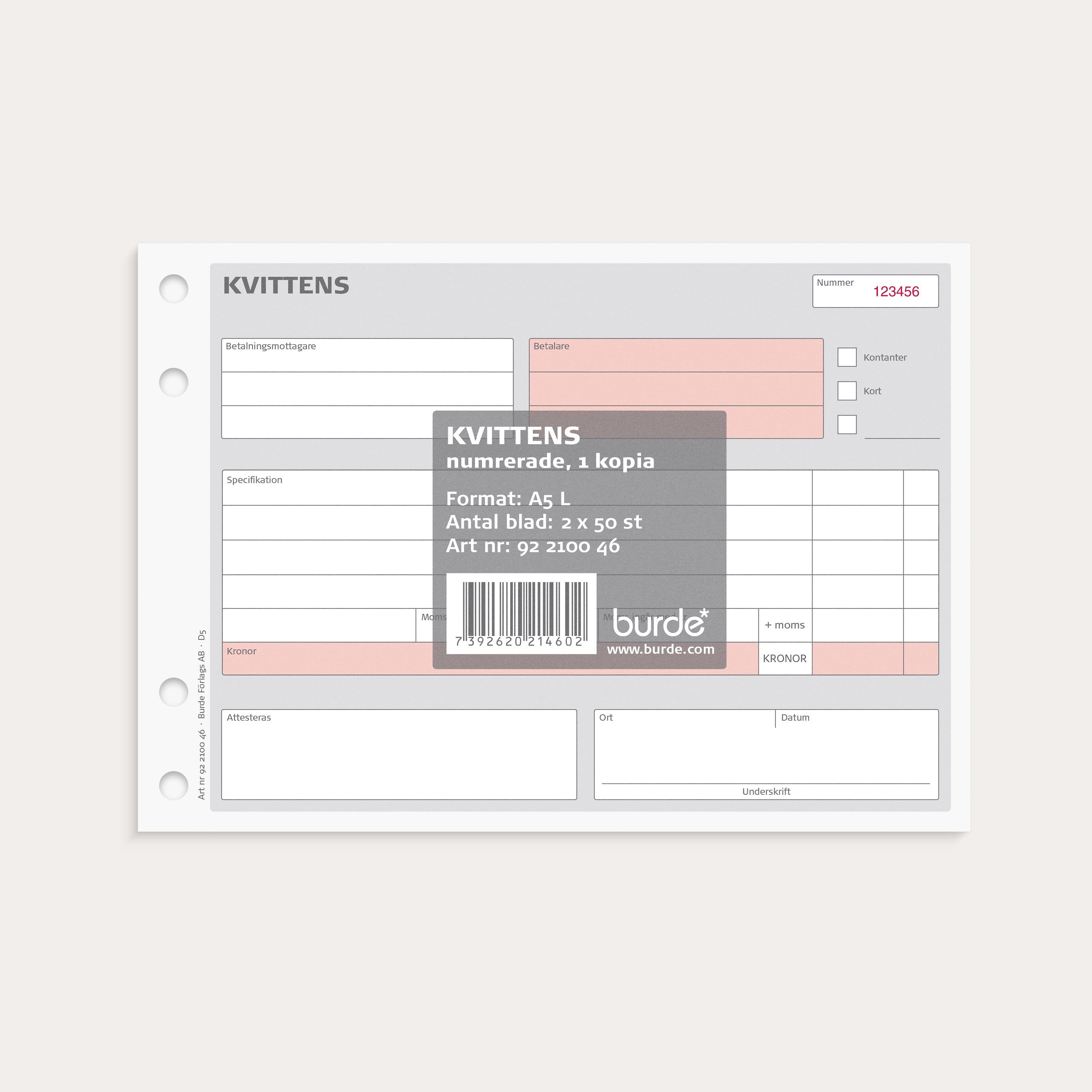 Kvittens A5L med 1 kopia numrerade 2 x 50 blad