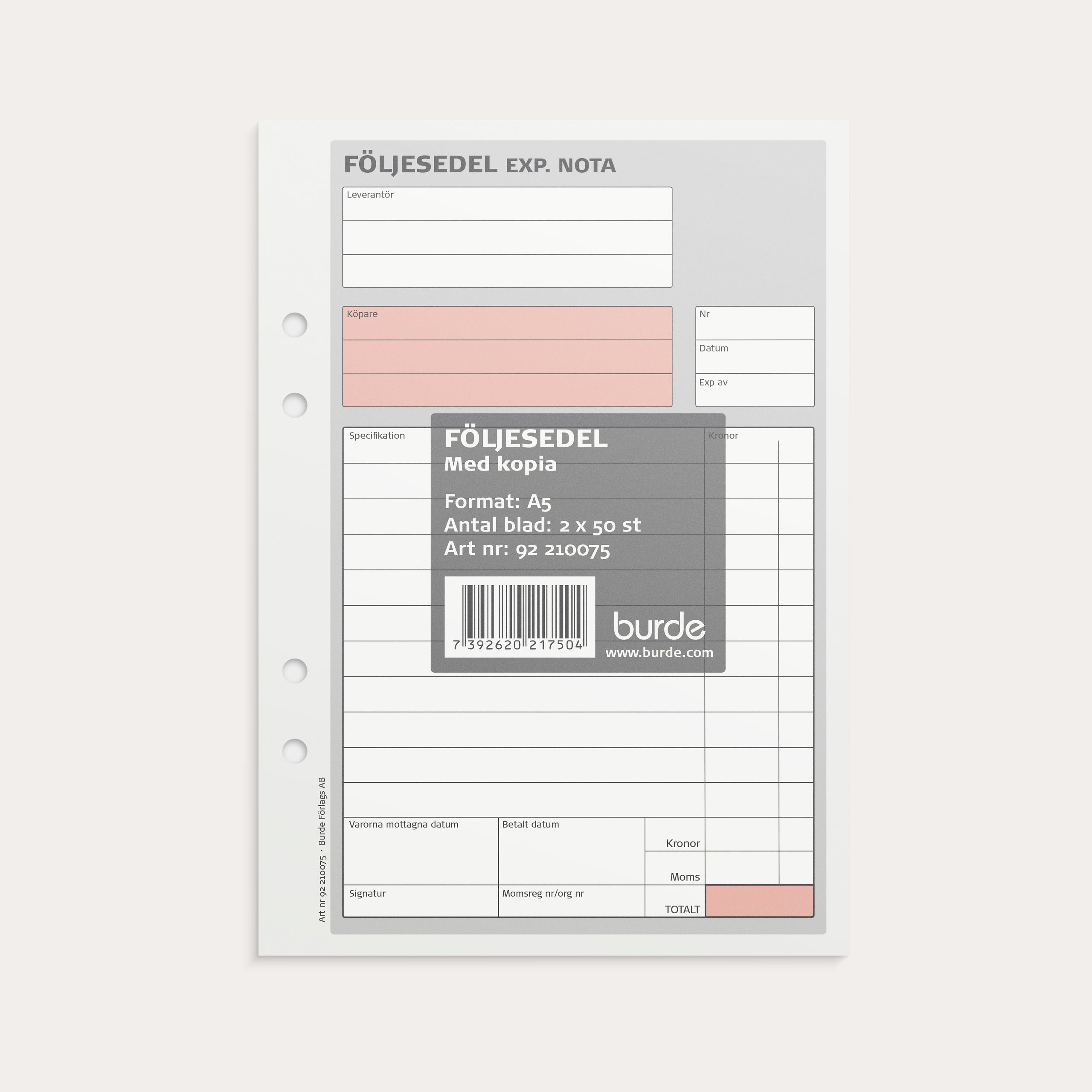 Följesedel A5 m 1 kopia kr-kolumn 2 x 50 blad