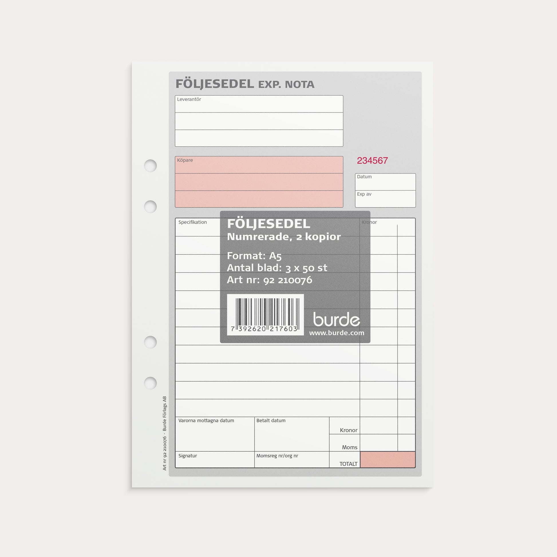 Följesedel A5 m 2 kopior numrerade kr-kolumn 3 x 50 blad