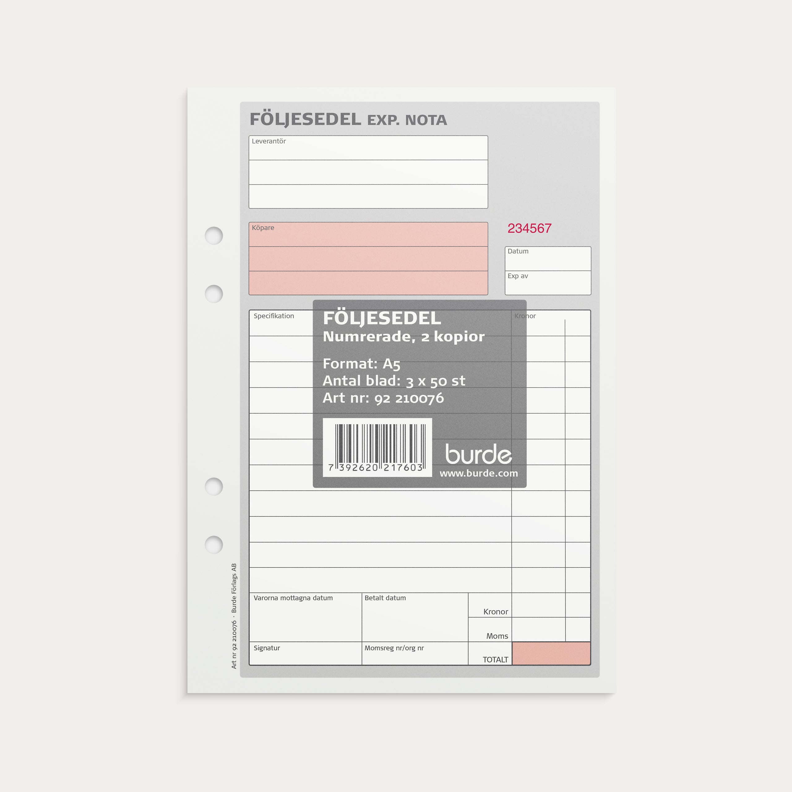 Följesedel A5 m 2 kopior numrerade kr-kolumn 3 x 50 blad