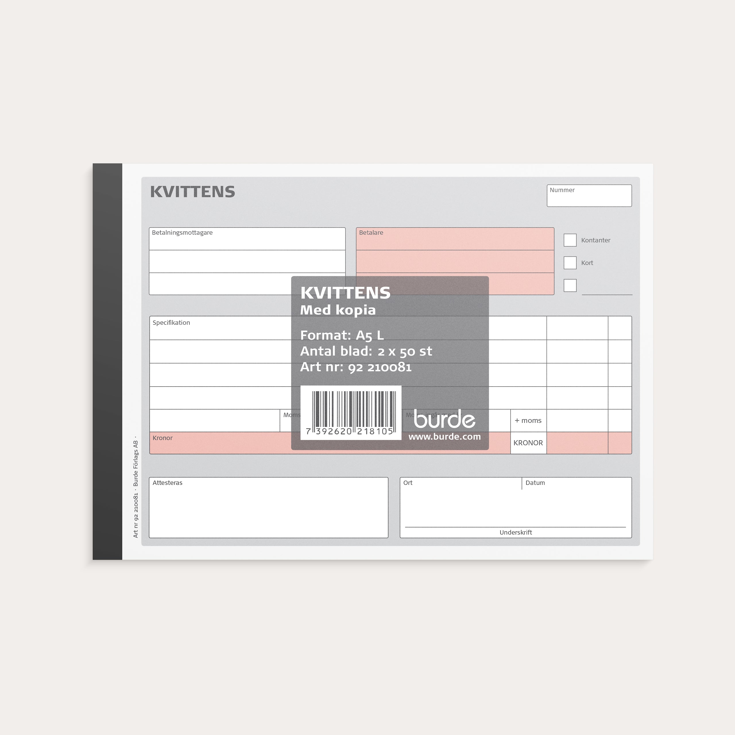 Kvittens A5L med 1 kopia 2 x 50 blad