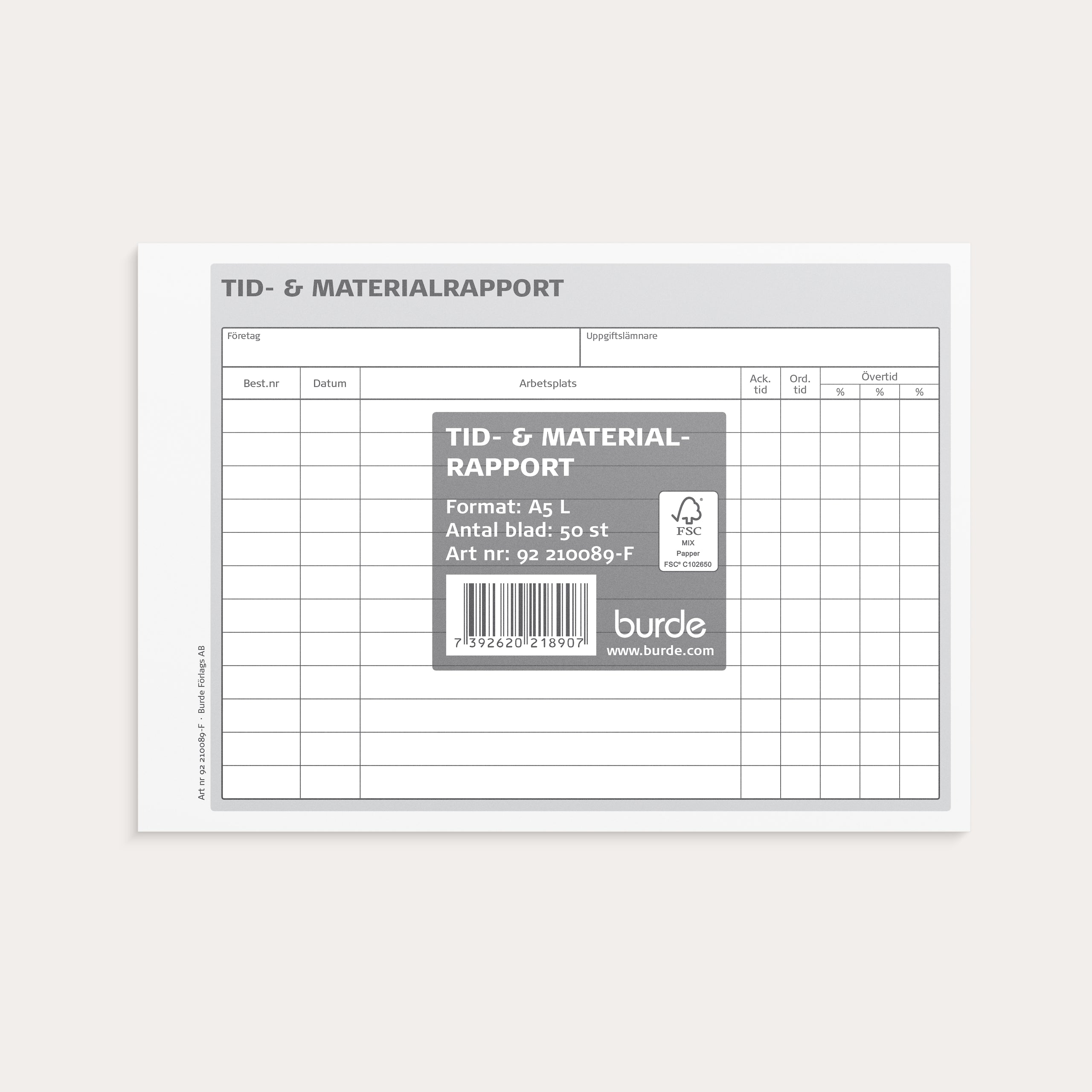 Tid- och materialrapport A5L 50 blad