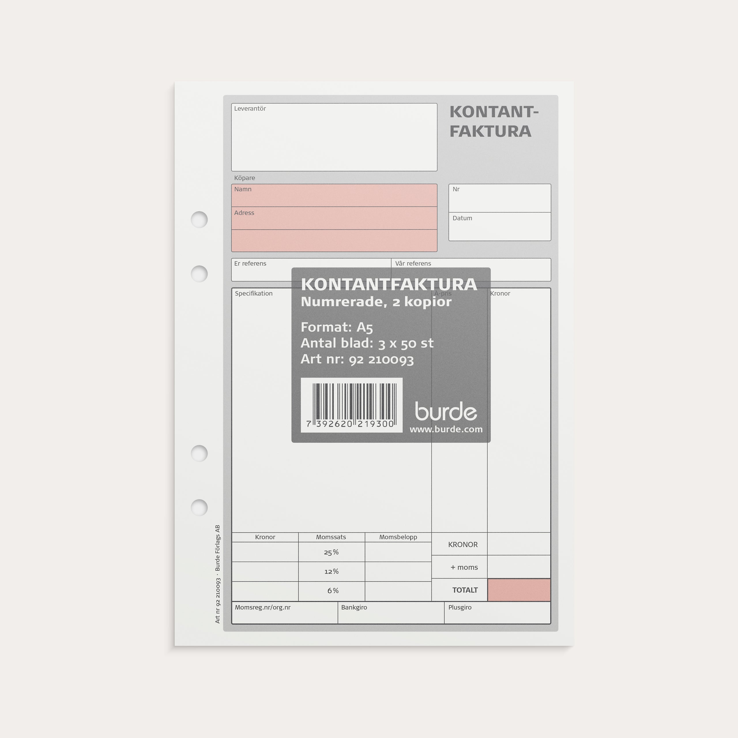 Kontantfaktura A5 med 2 kopior 3 x 50 blad numrerade