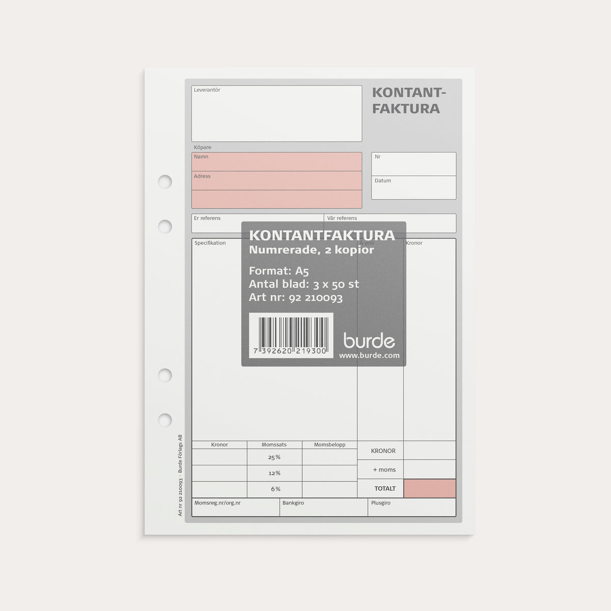 Kontantfaktura A5 med 2 kopior 3 x 50 blad numrerade