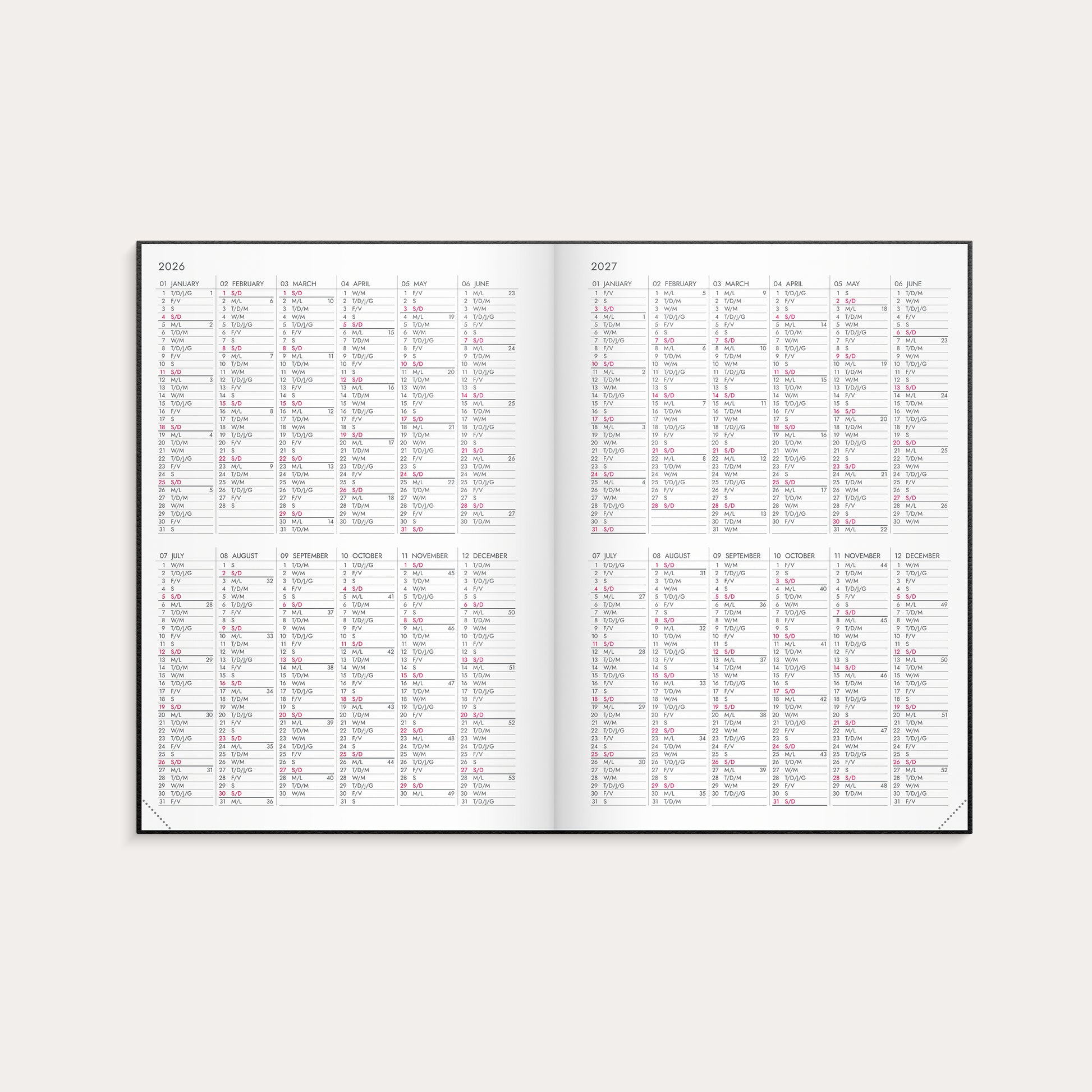 Kalender 2026 Agency A5 Vega schwarz – detail view