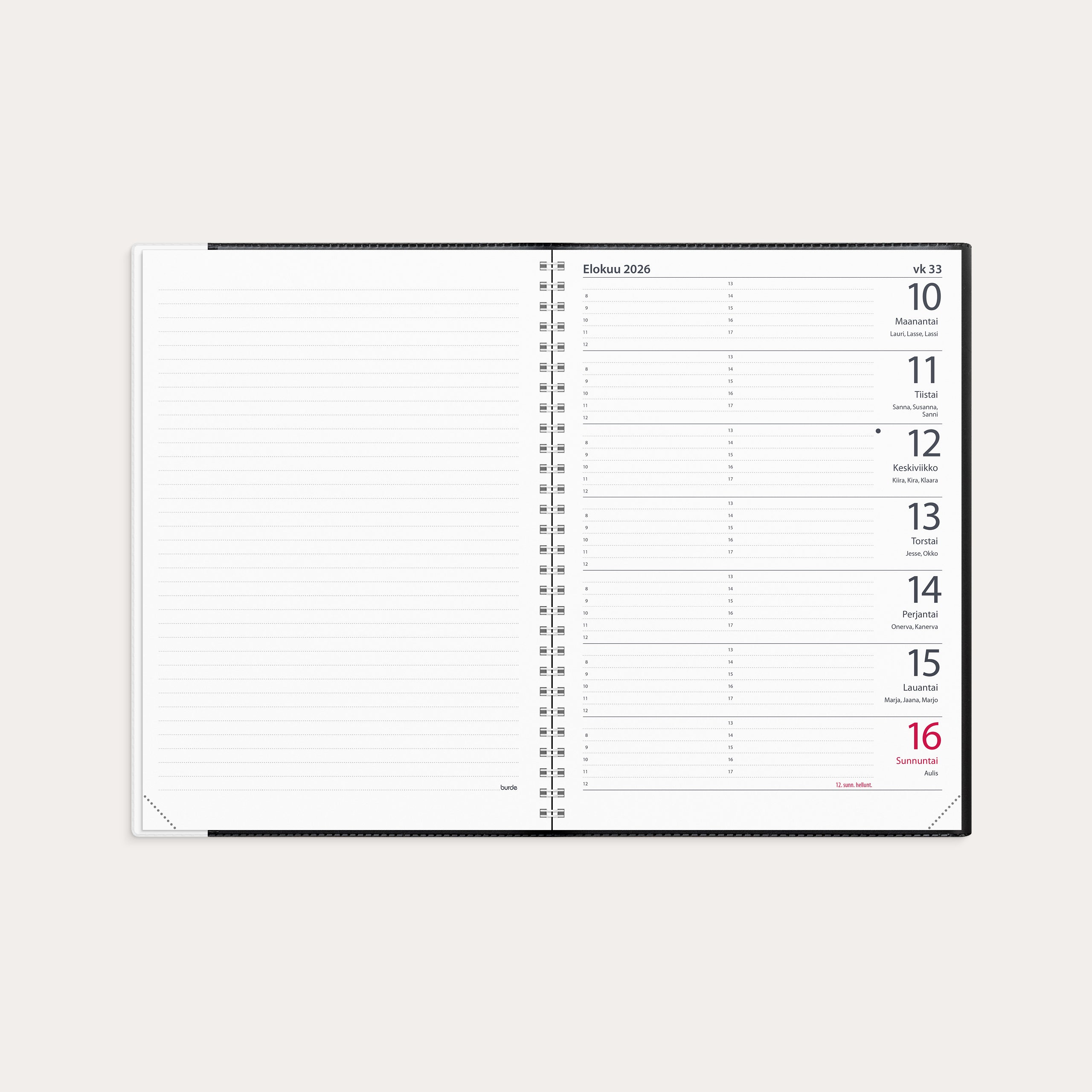 Suuri viikkokalenteri A5 2026 musta muovi