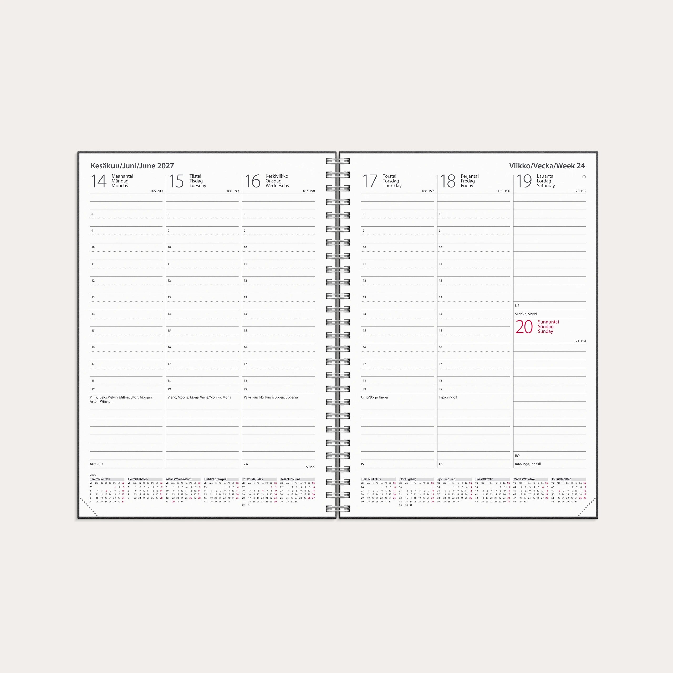 Kalenteri Weekly A5 2027 musta