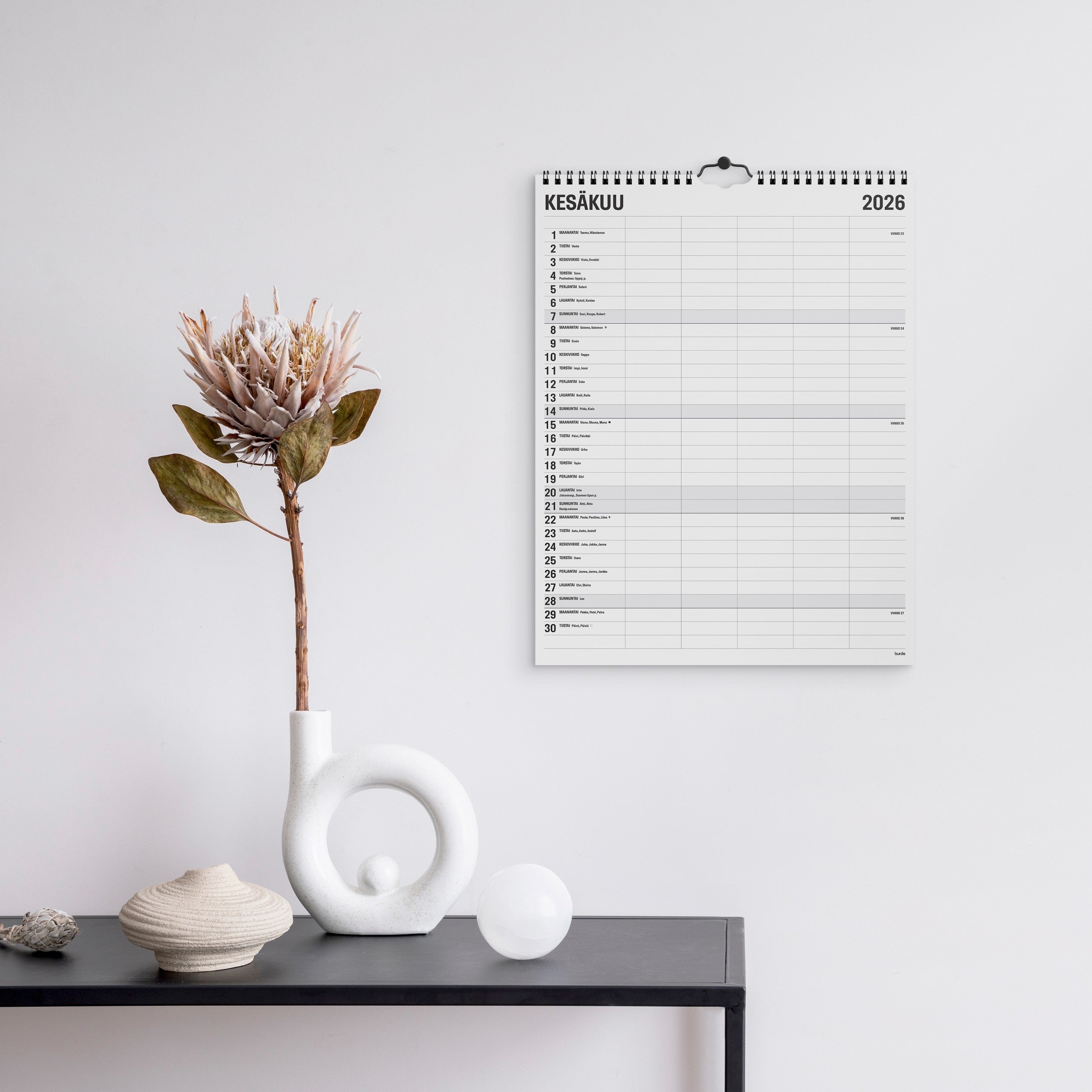 Familjekalender 2026 Black and white 5 kolumner