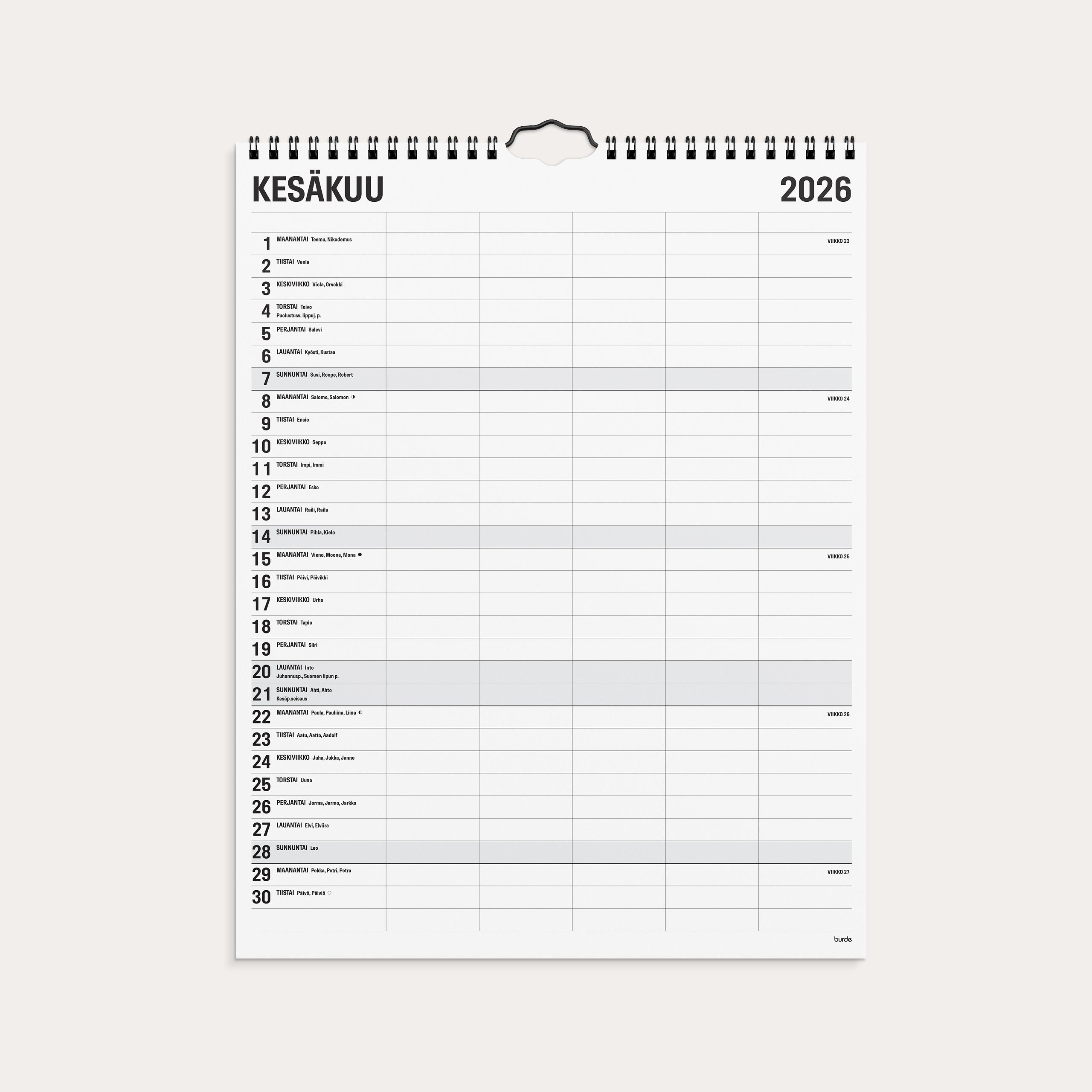 Familjekalender 2026 Black and white 5 kolumner