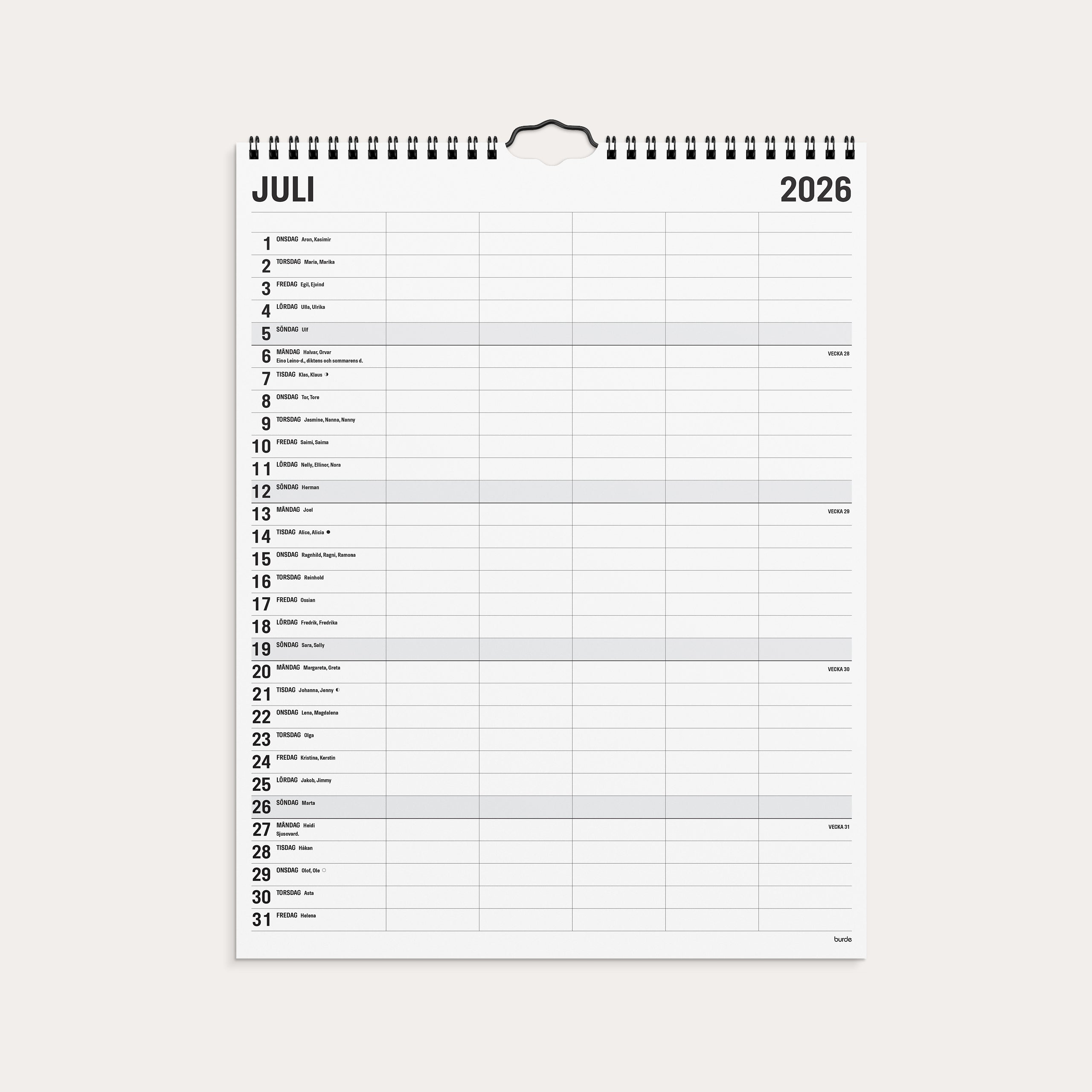 Familjekalender 2026 Black and white 5 kolumner