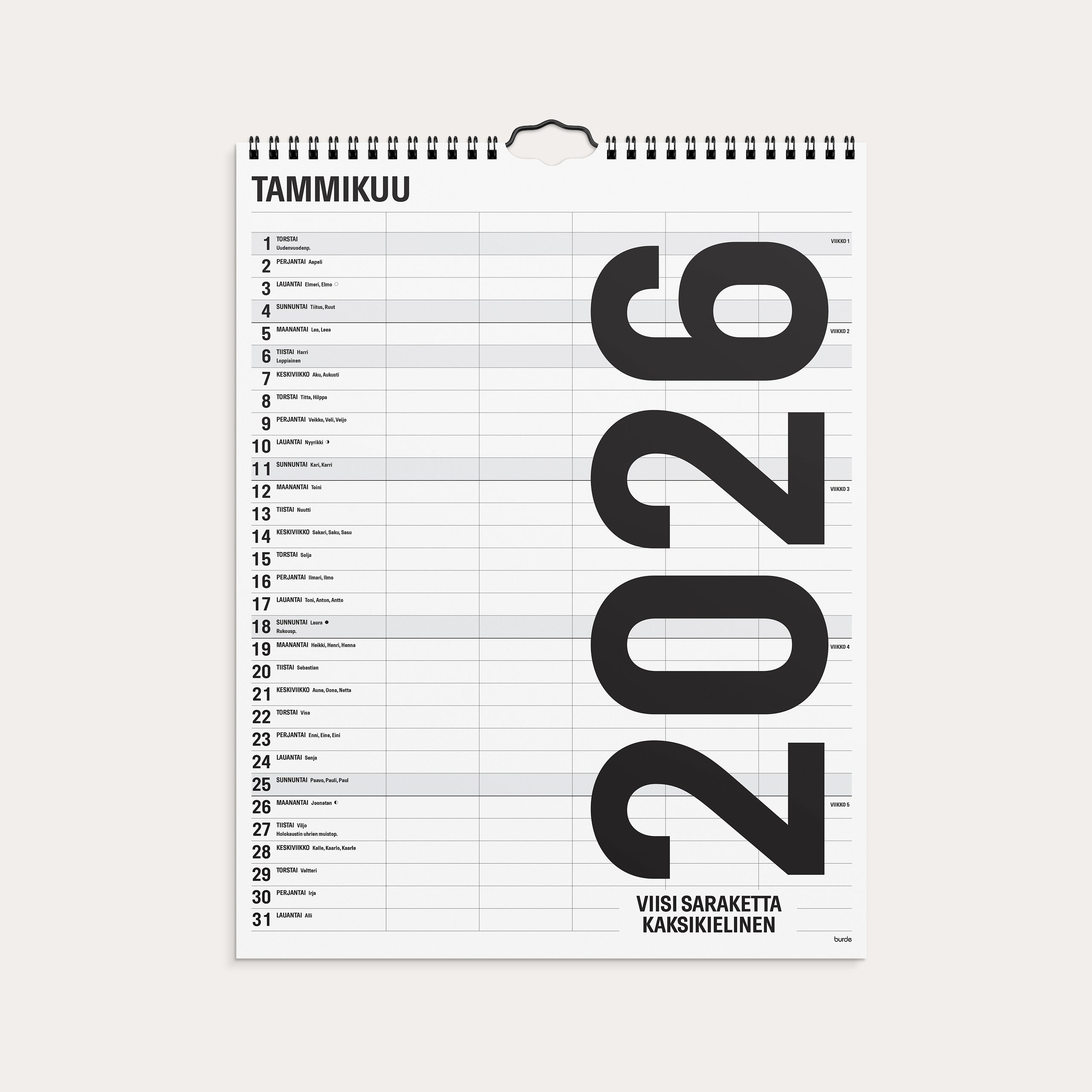 Familjekalender 2026 Black and white 5 kolumner