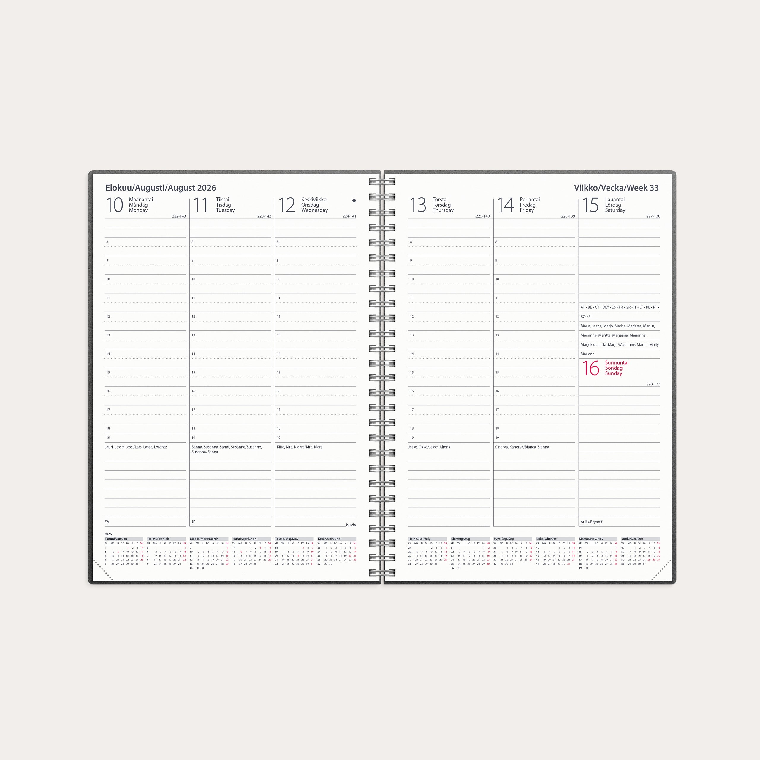 Kalender 2026 Weekly roosa konstläderomslag